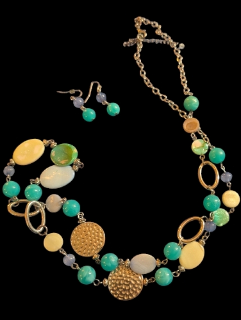VGUC Chicos Silver and Turquoise Multi-Bead Necklace & Earring Set